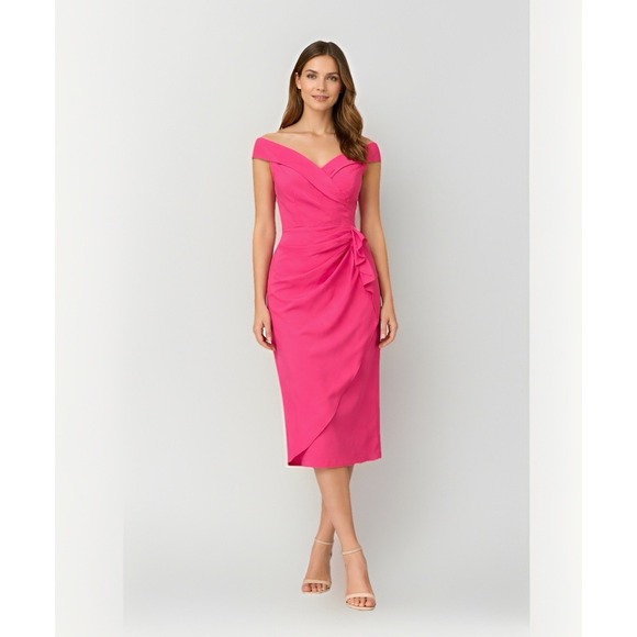 Fashionova Dresses & Skirts - Hot Pink Off Shoulder Wrap Dress Midi Knee Length Ruffle Side Tie Party Cocktail